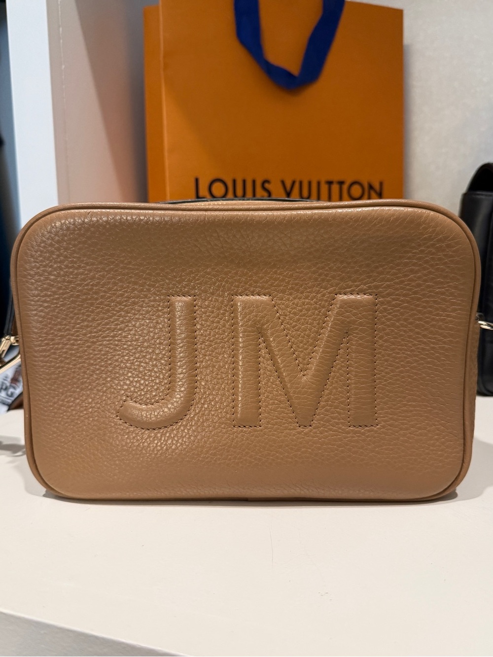 Leatherology Meadow Double Zip Camera Bag in Camel with Trapunto Embossing “JM”